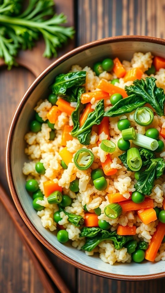 A bowl of kale and vegetable fried rice with carrots and peas, garnished with green onions, on a rustic wooden table.
